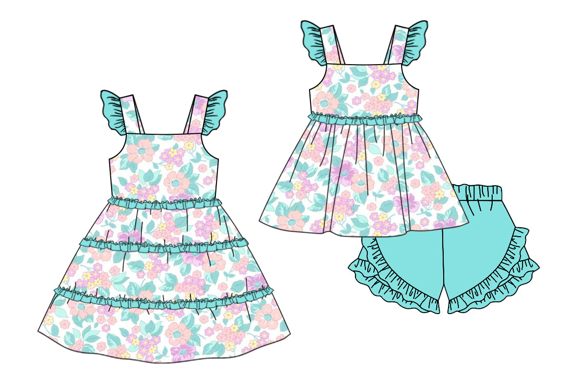 11.11 custom each style moq 5eta 4-6week Sibling Sister floral baby girl short sleeve shorts sets and dresses match design