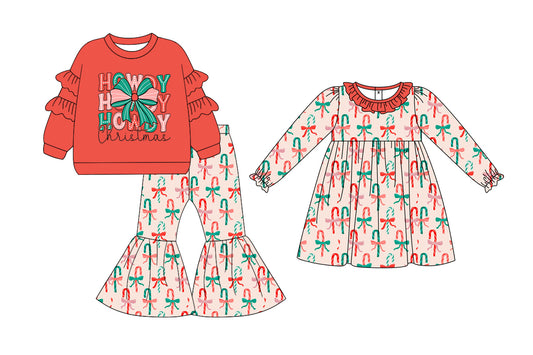 25.8.8 custom each style moq 5eta 4-6week Sibling Sisters Christmas bow baby girl long sleeve pants sets and dress match family design
