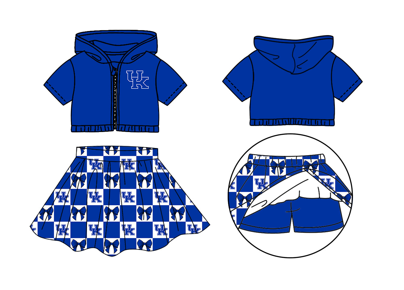 Custom moq 3 or 5 mix size milk silk summer teams baby girl clothes bow blue zipper hooded short sleeve shorts skirts sets-26.1.19