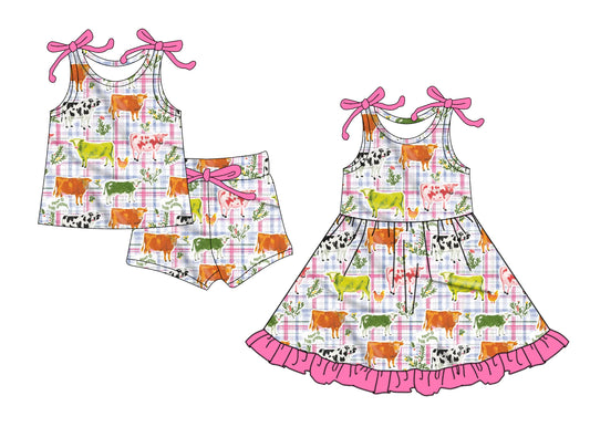 26.1.21 custom each style moq 5 eta 6-8week Sibling Sister horse cow baby short sleeve shorts sets and dress match design