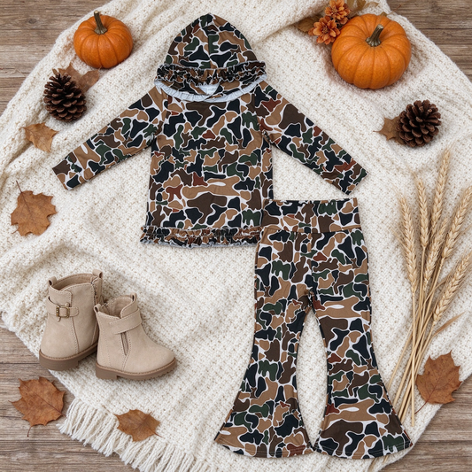 NEW RTS NO MOQ milk silk GLP3078 Baby Girls Dark Brown Camo Ruffle Hoodies Bell Bottom Pants Sets