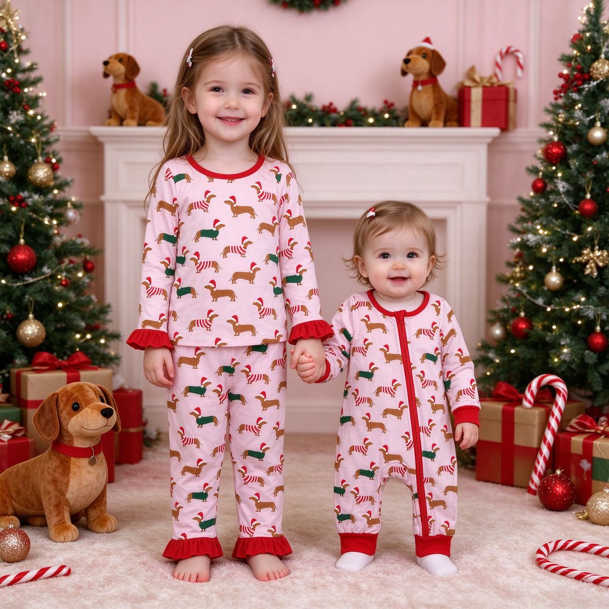 Baby Kids Christmas Dachshund Collection - Red Ruffle Pajama Set & Zipper Romper
