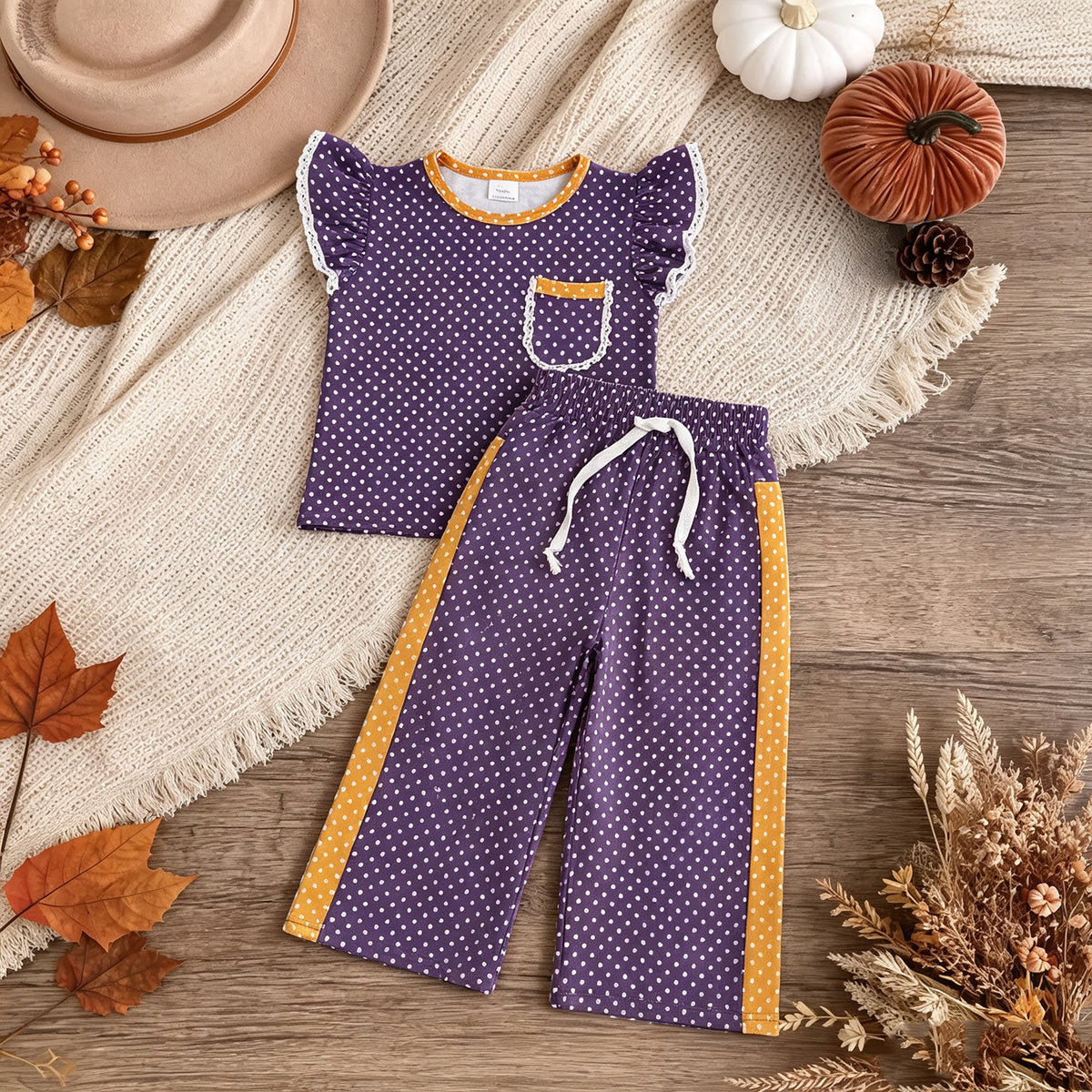 NEW RTS NO MOQ milk silk GSPO2366 Baby Girls Purple Polka Dots Pocket Top Flare Pant Set Casual Outfit