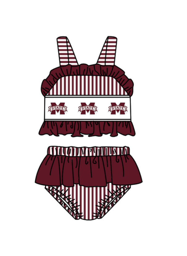 Custom moq 5 mix size milk silk summer teams Baby Girl Dark Red Stripe Two-Piece Swimsuit Set One Piece Swimsuits Boys Swim Trunks