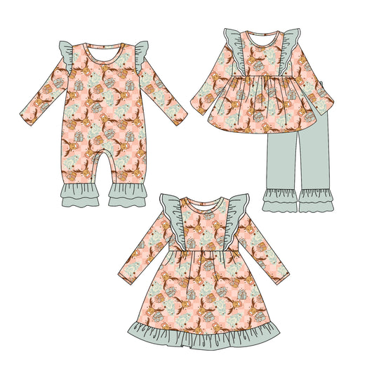 25.6.21 custom each style moq 5eta 4-6week Sibling Sisters cow head baby girl long sleeve pants sets and dress and rompers match family design