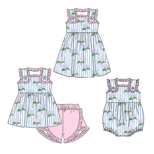 3.7 Custom moq 5 mix size Sibling Baby Girl's Floral Stripes Sleeveless Top And Pink Shorts Set Cute Romper Dress for Summer