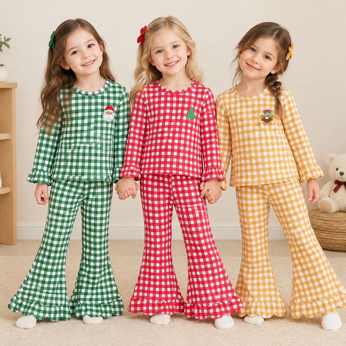 RTS NO MOQ Sibling milk silk Baby Girls Gingham Holiday Embroidered Long Sleeve Top Scallop Bell Bottom Pants Set