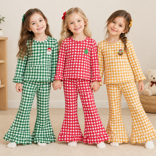 RTS NO MOQ Sibling milk silk Baby Girls Gingham Holiday Embroidered Long Sleeve Top Scallop Bell Bottom Pants Set
