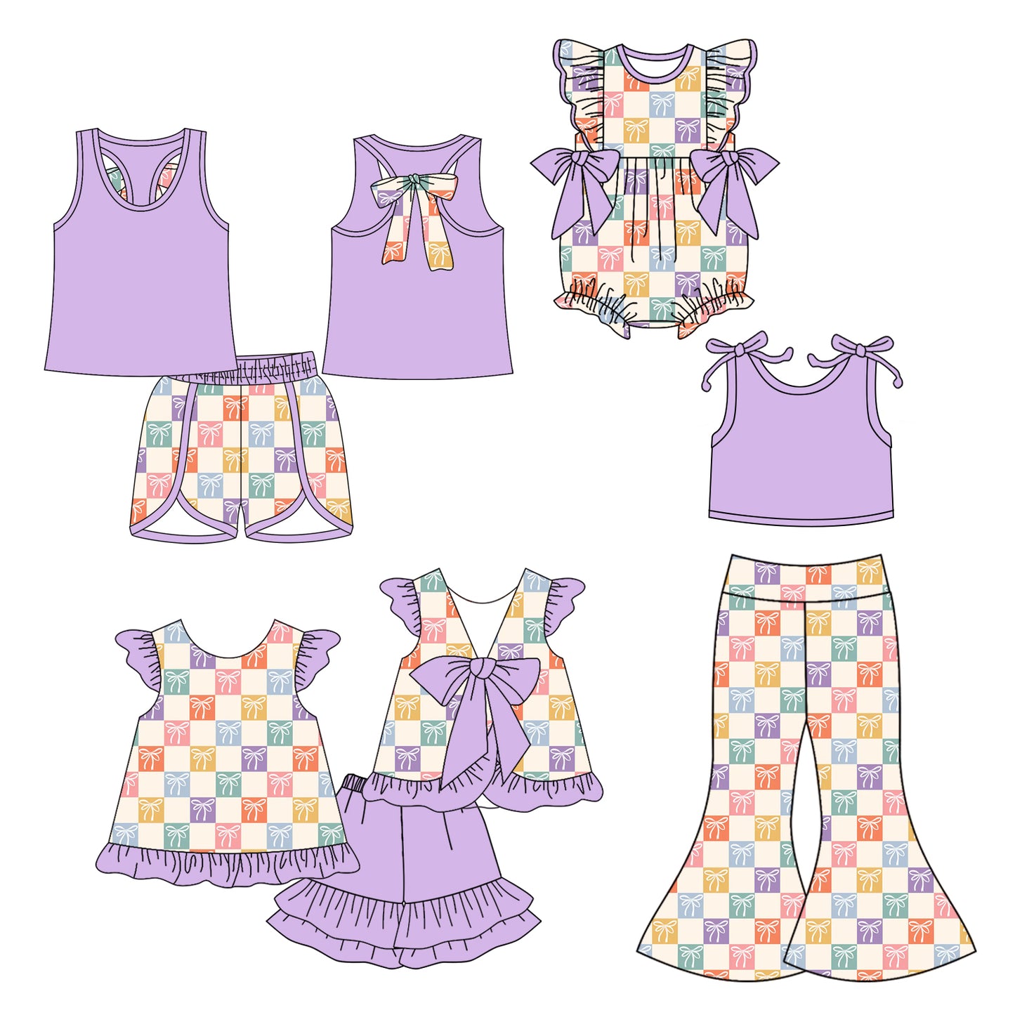 5.5 custom each style moq 5eta 4-6week Sibling Sisters bow baby girl short sleeve shorts sets 1 and sets 2 and pants sets and rompers match family design