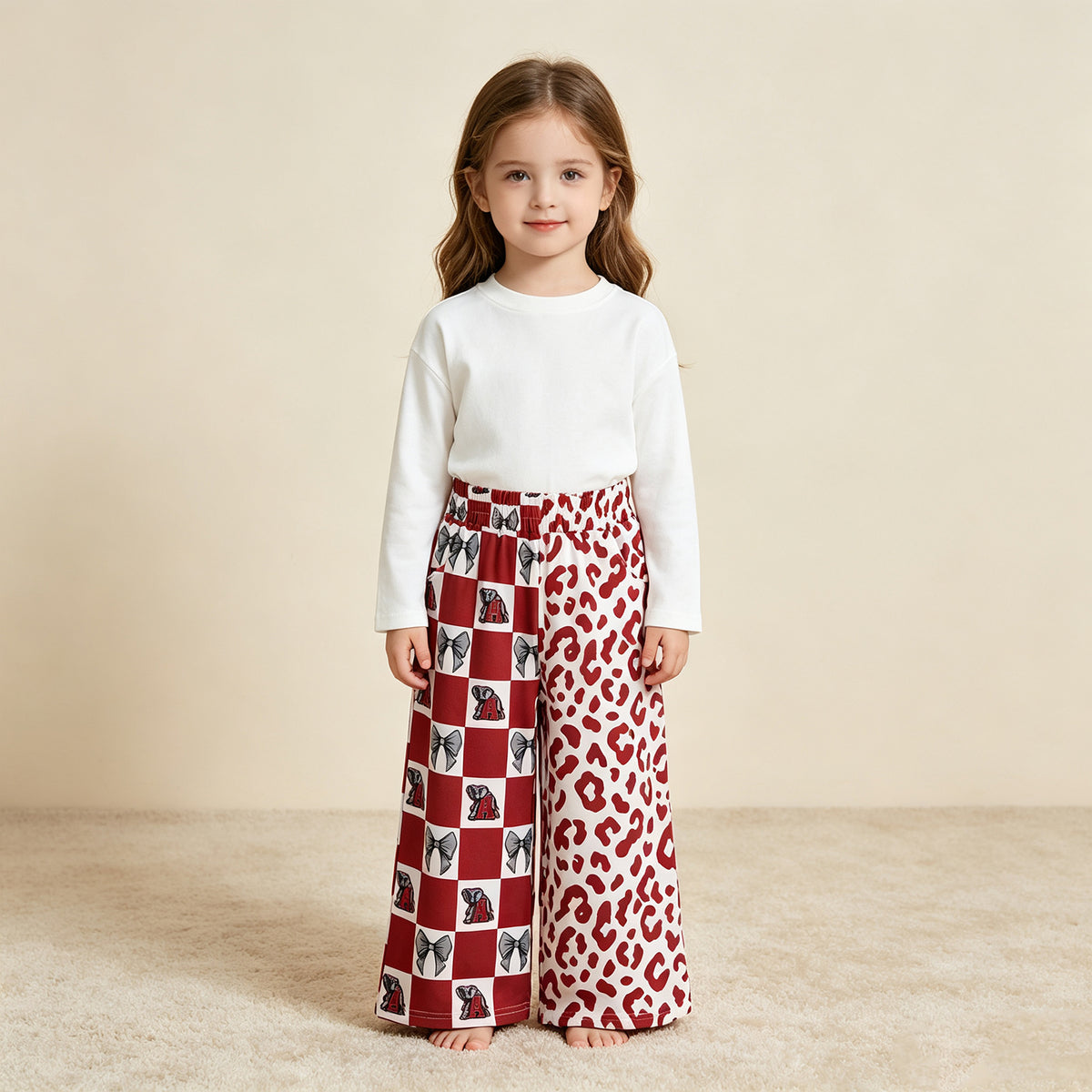NEW RTS NO MOQ milk silk P1123 Baby Girls Red Bows Checked Leopard Team Pockets Straight Pants