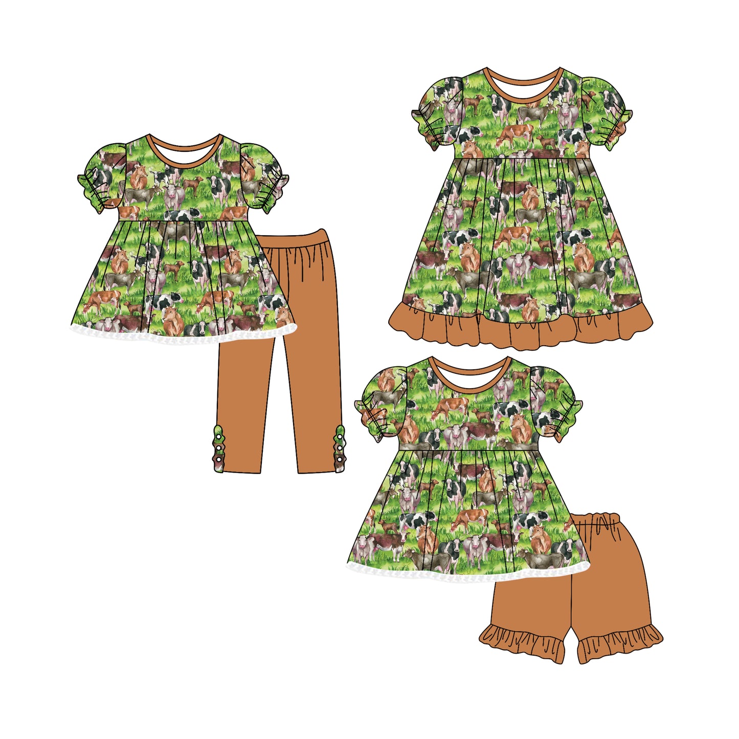 4.25 custom each style moq 5eta 4-6week Sibling Sisters horse cow baby girl short sleeve shorts sets and pants sets and dress match family design