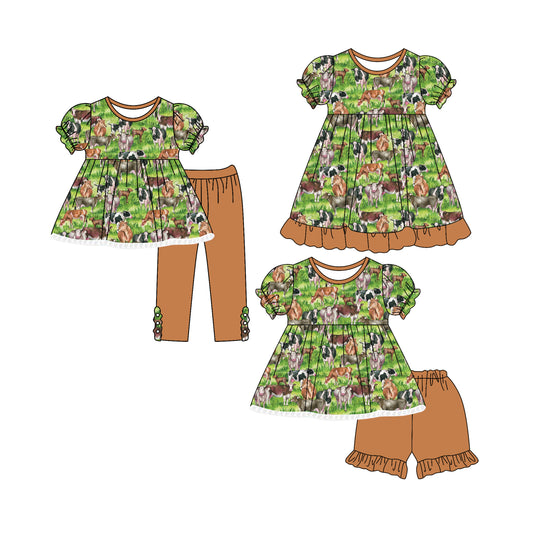 4.25 custom each style moq 5eta 4-6week Sibling Sisters horse cow baby girl short sleeve shorts sets and pants sets and dress match family design