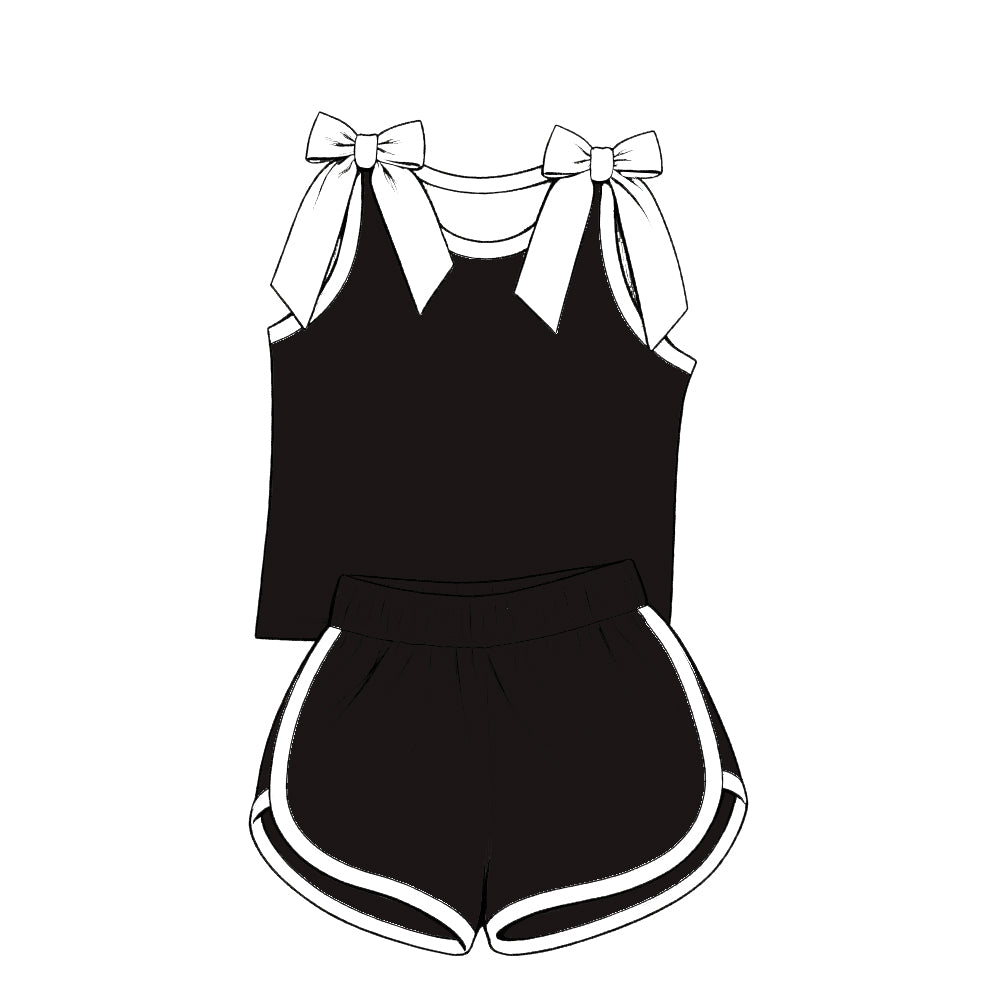 custom moq 5 mix size Baby Girls White Bow Sleeveless Black Top Shorts Summer Cute Clothing Set