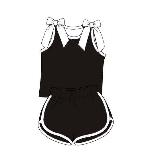 custom moq 5 mix size Baby Girls White Bow Sleeveless Black Top Shorts Summer Cute Clothing Set
