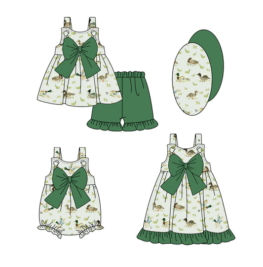 2.24 custom each style moq 5eta 4-6week Sibling Sisters duck baby girl short sleeve shorts sets and dress and rompers match family design