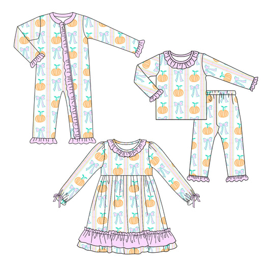 25.5.7 custom each style moq 5eta 4-6week Sibling Sisters pumpkin bow baby girl long sleeve pants sets and dress and rompers match family design