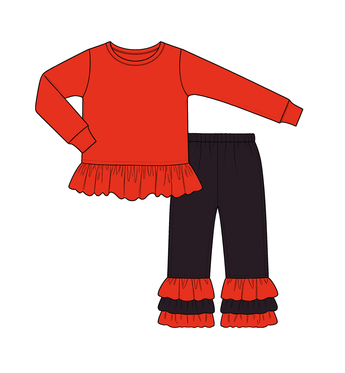 Custom moq 5 cotton fabric fall grils ruffle bow Red and black lace long-sleeve top and trousers set blank offer custom logodie sets