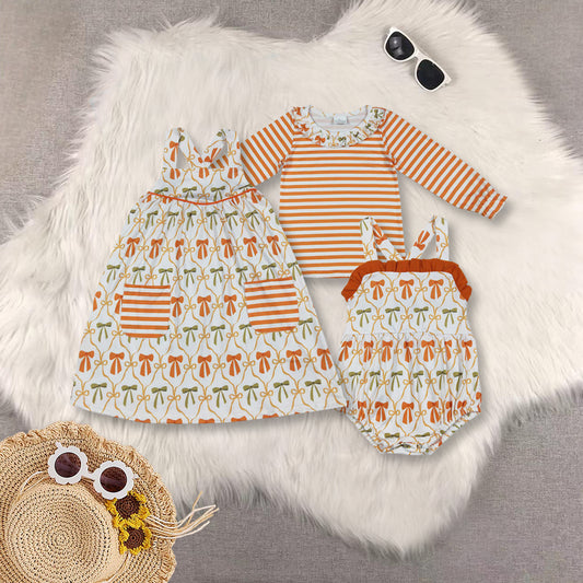 RTS NO MOQ Sibling baby Girls clothes bow long sleeve top Clothes dress romper
