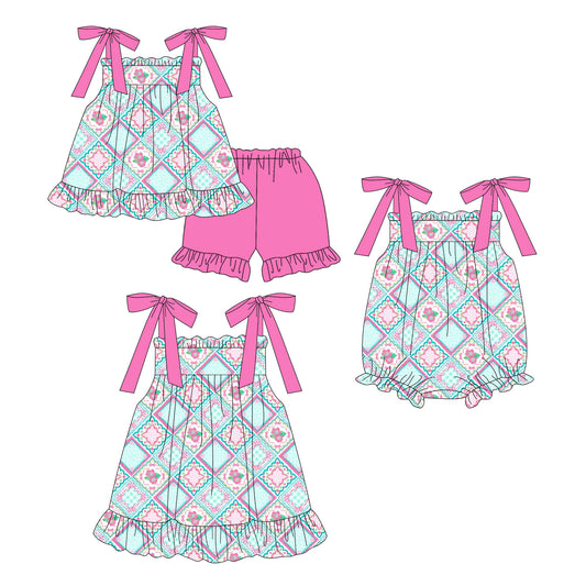 4.10 Custom moq 5 mix size Sibling Baby Girl's Checked Strap Top And Short Set Cute Romper Dress for Summer