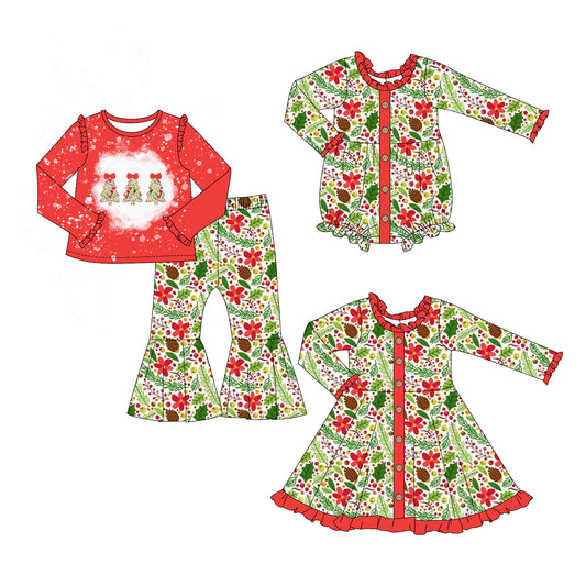 25.6.12 custom each style moq 5eta 4-6week Sibling Sisters Christmas trees bow red baby girl long sleeve pants sets and dress and rompers match family design