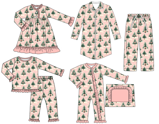 25.7.8 custom each style moq 5eta 4-6week Sibling Sisters Christmas trees baby girl long sleeve pants sets and adult top and adult pants and romper and dress match family design