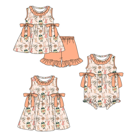 Custom moq 5 mix size Sibling Baby Girl's orange Short-Sleeved Top And Shorts Set Cute Romper Dress for Spring Summer