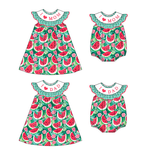 4.22 custom each style moq 5eta 4-6week Sibling Sisters I LOVE MOM DAD watermelon baby girl short sleeve dress and rompers match family design