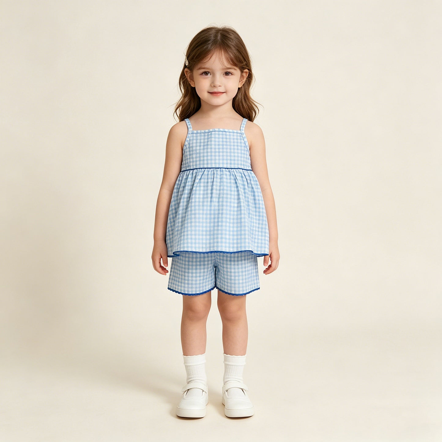 RTS NO MOQ GSSO3418 Baby Girls Cute Blue Checked Strap Tunic Short Clothes Sets