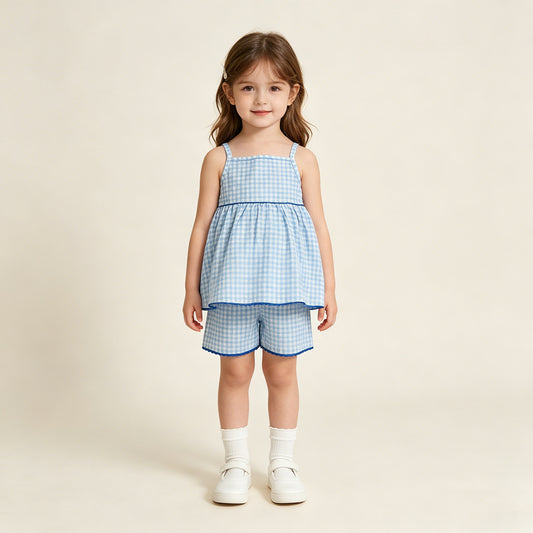 RTS NO MOQ GSSO3418 Baby Girls Cute Blue Checked Strap Tunic Short Clothes Sets
