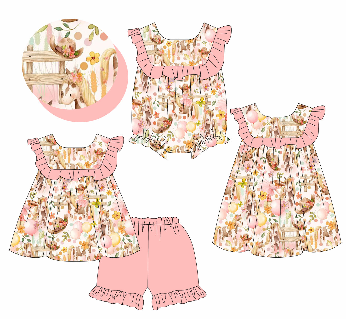 3.3 custom each style moq 5eta 4-6week Sibling Sister horse floral baby girl short sleeve shorts sets and dress and rompers match family design