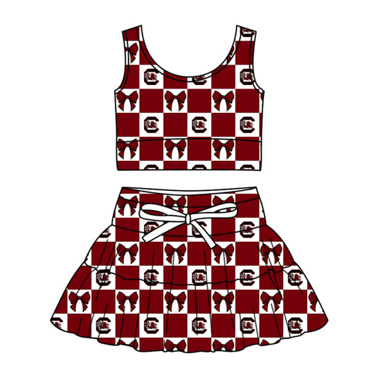 Custom moq 3 or 5 mix size milk silk summer teams baby girl clothes bow dark red sleeveless skirts sets-26.1.20