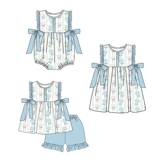 4.1 Custom moq 5 mix size Sibling Baby Girl's Flowers Sleeveless Tunic Ruffle Shorts Set Cute Romper Dress for Summer