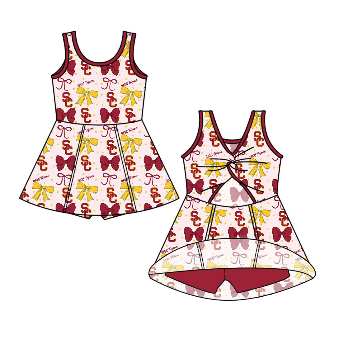 Custom moq 5 mix size milk silk summer teams baby girls clothes team bow brick red sleeveless skirts sets and dress 1 and dress 2 and dress 3-25.6.25