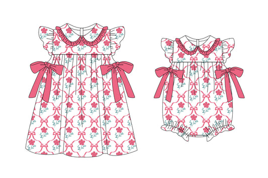 25.11.7 custom each style moq 5 eta 6-8week Sibling Sister floral bow baby short sleeve romper and dress match design