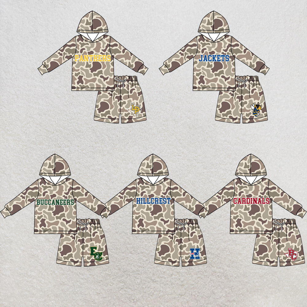 custom moq 5 mix size XY072209 Baby Kids Camo Long Sleeve Hoodie Top Shorts Team Clothes Set