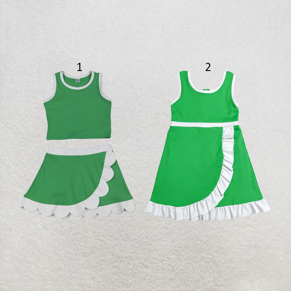RTS NO MOQ Sibling cotton Baby Girls Green Sleeveless Vest Scallop Skirt Yoga Active Set Short Knee Length Dress