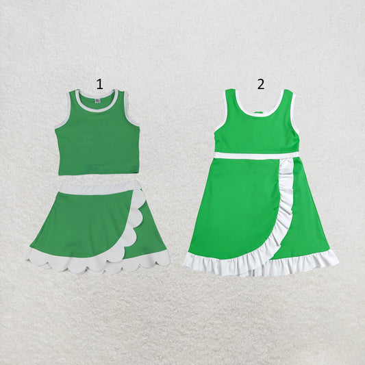 RTS NO MOQ Sibling yoga fabric cotton Baby Girls Green Sleeveless Vest Scallop Skirt Yoga Active Set Short Knee Length Dress