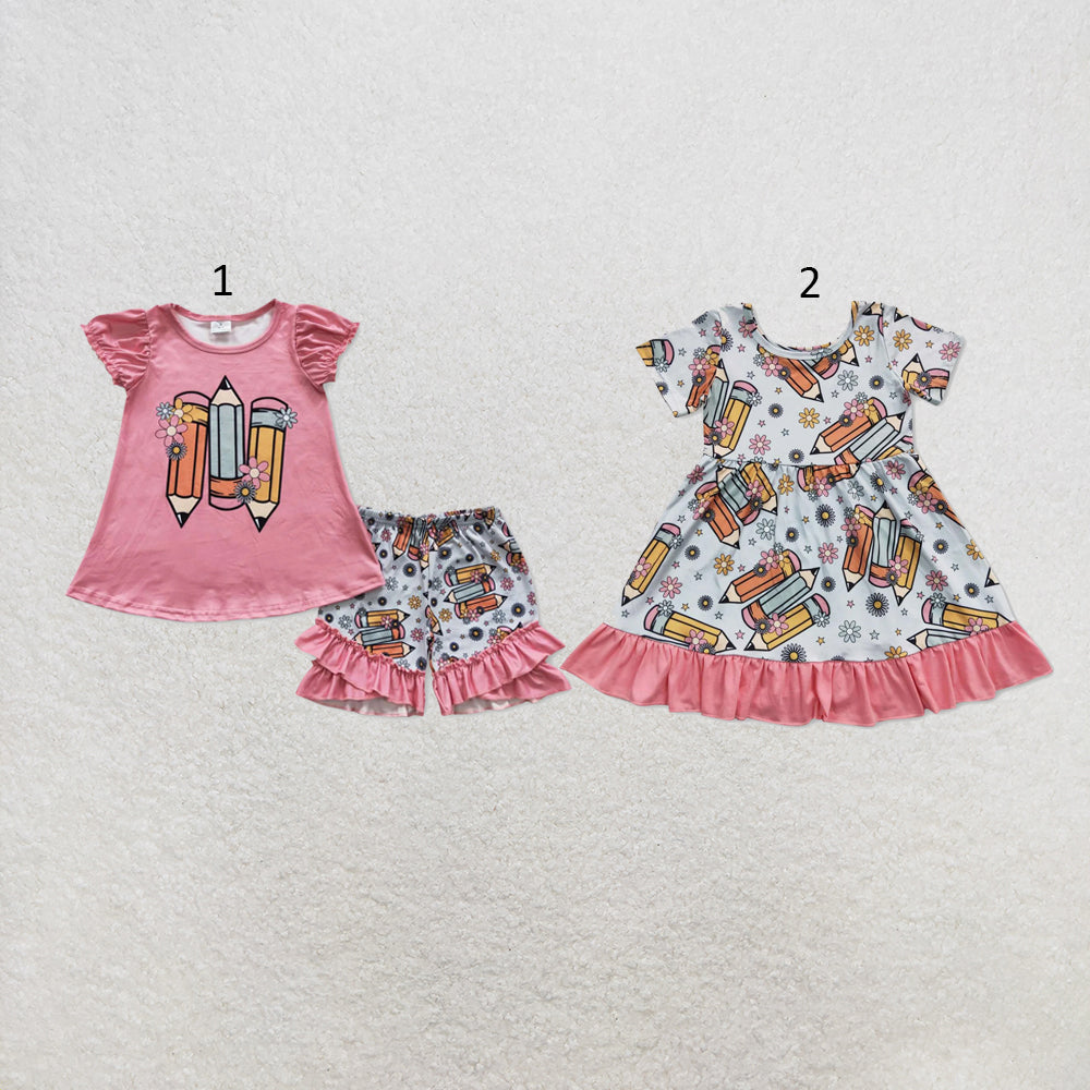 RTS NO MOQ Sibling milk silk Baby Girls Hot Pink Pencil Print Short Sleeve Top Elastic Waist Shorts Back To School Clothes Set Dresses(2T-14-16T）