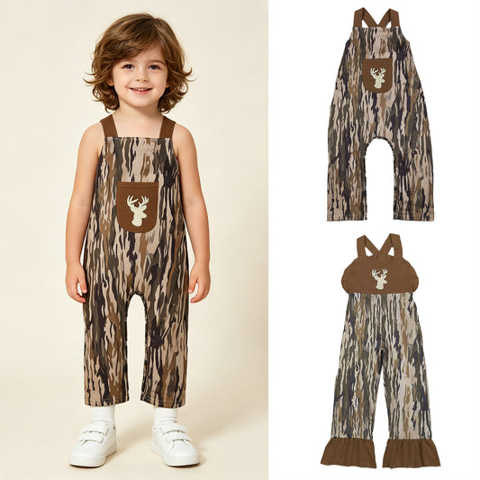 RTS NO MOQ Sibling milk silk Baby Girls Hunting Deer Embroidery Southern Olive Wood Camo Strap Jumpsuits