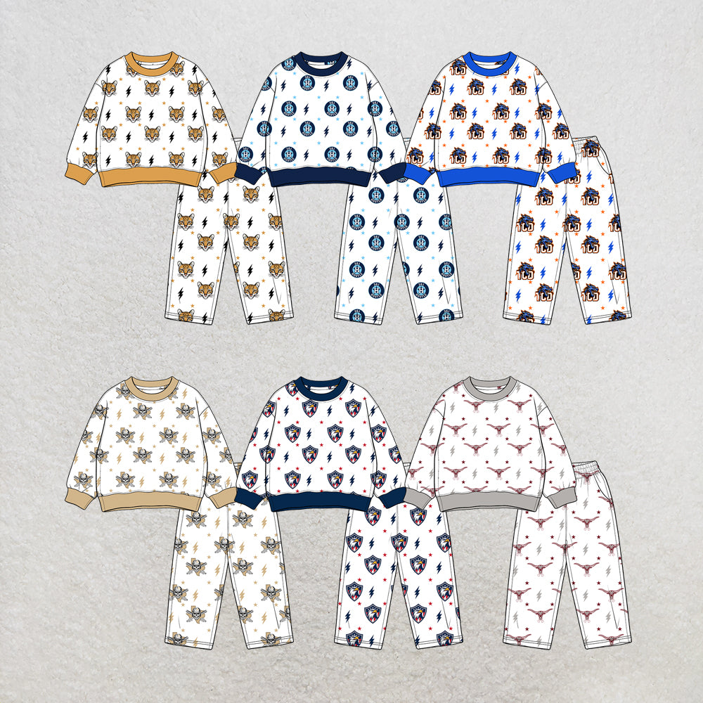 custom moq 5 mix size MSD071009 Baby Kids White Printed Long Sleeve Tops Pants Team Casual Clothes Set