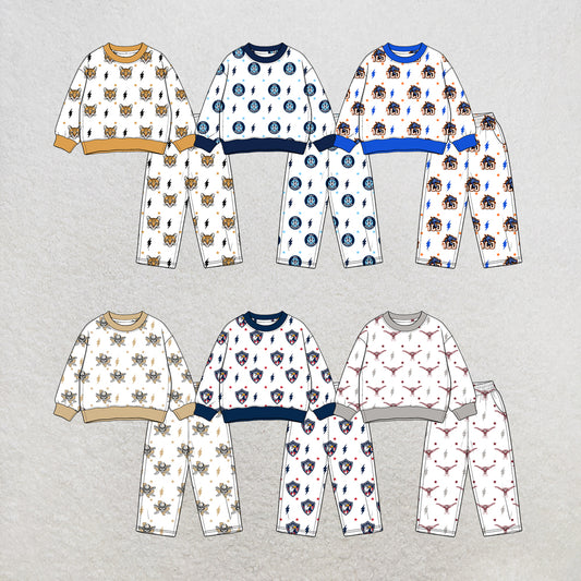 custom moq 5 mix size MSD071009 Baby Kids White Printed Long Sleeve Tops Pants Team Casual Clothes Set