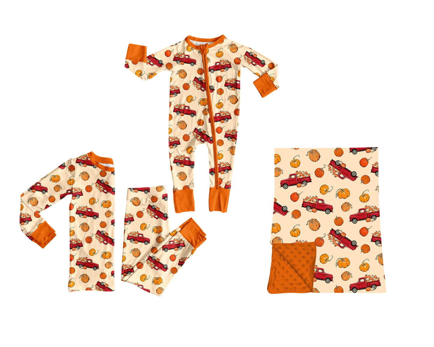 (Preorder new) No moq Boys Pumpkins Trucks Fall Print Long Sleeve Matching Pajamas Set Romper Blankets