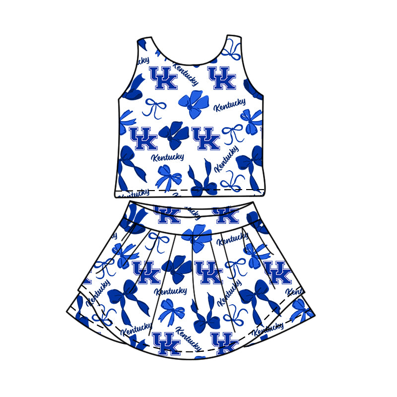 Custom moq 5 mix size milk silk summer teams Blue Bow Baby Girls Vest Top Skirt Shorts Sets Sleeveless Yoga Knee Length Dresses Yoga Shorts