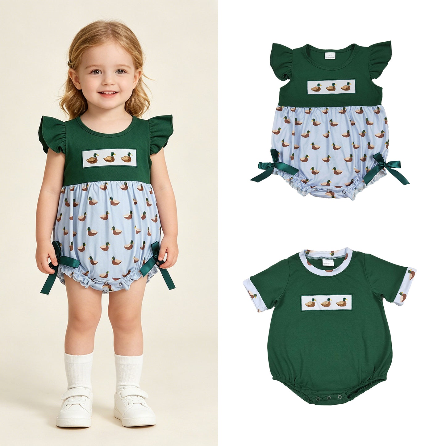 RTS NO MOQ Sibling milk silk Baby Boys Girls Green Flutter Sleeve Embroidery Ducks Hunting Ruffle Rompers