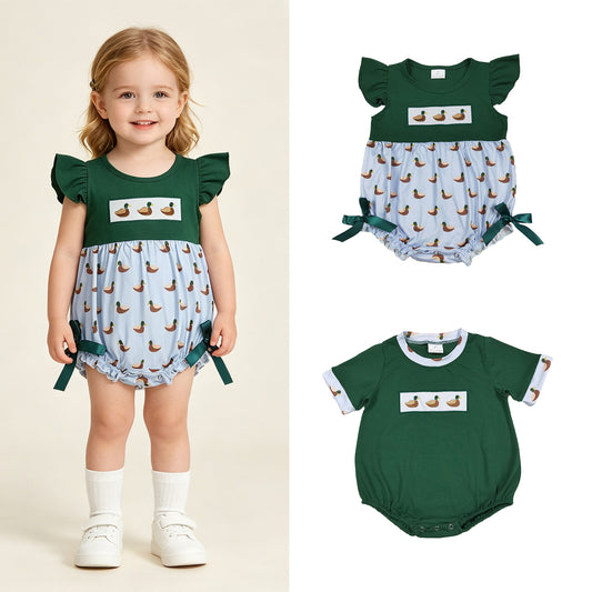 RTS NO MOQ Sibling milk silk Baby Boys Girls Green Flutter Sleeve Embroidery Ducks Hunting Ruffle Rompers