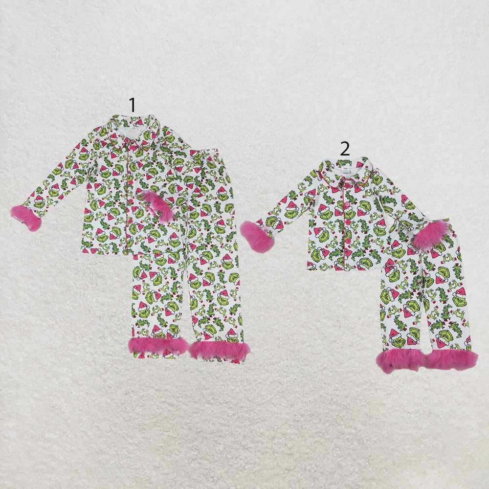 RTS NO MOQ milk silk Sibling Christmas Adult To Match Kids Long Sleeve Fluffy Fur Trim Print Button Front Top Elastic Waist Pants Christmas Pajama Set