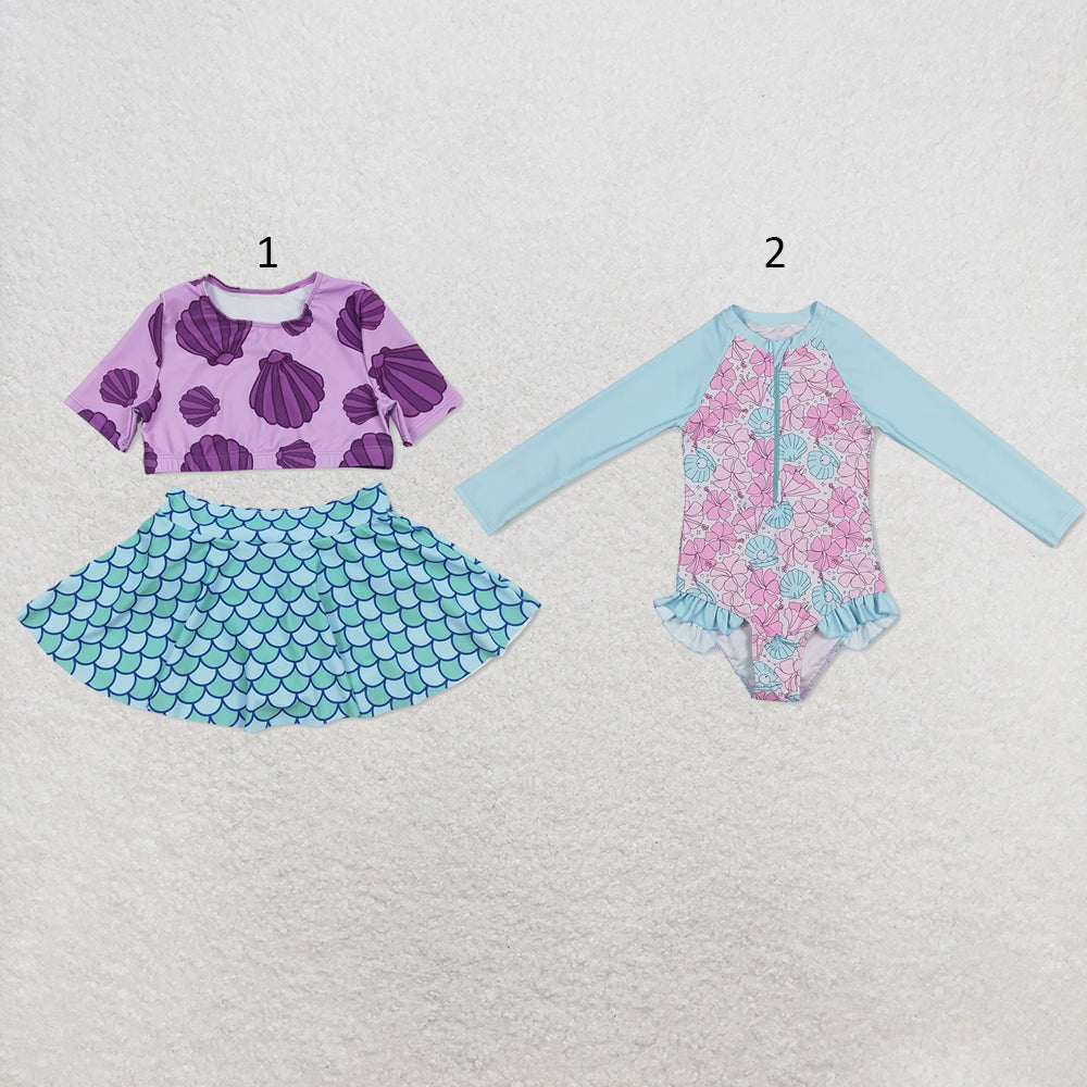 RTS NO MOQ Sibling milk silk Baby Girls Pink Floral Print Long Sleeve Two Piece Swimsuit One Pieces Swimsuits