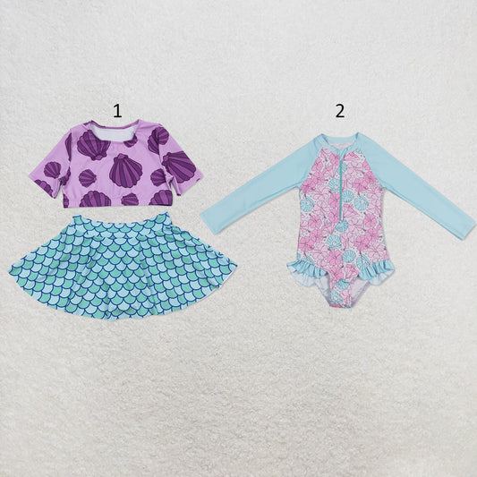 RTS NO MOQ Sibling milk silk Baby Girls Pink Floral Print Long Sleeve Two Piece Swimsuit One Pieces Swimsuits