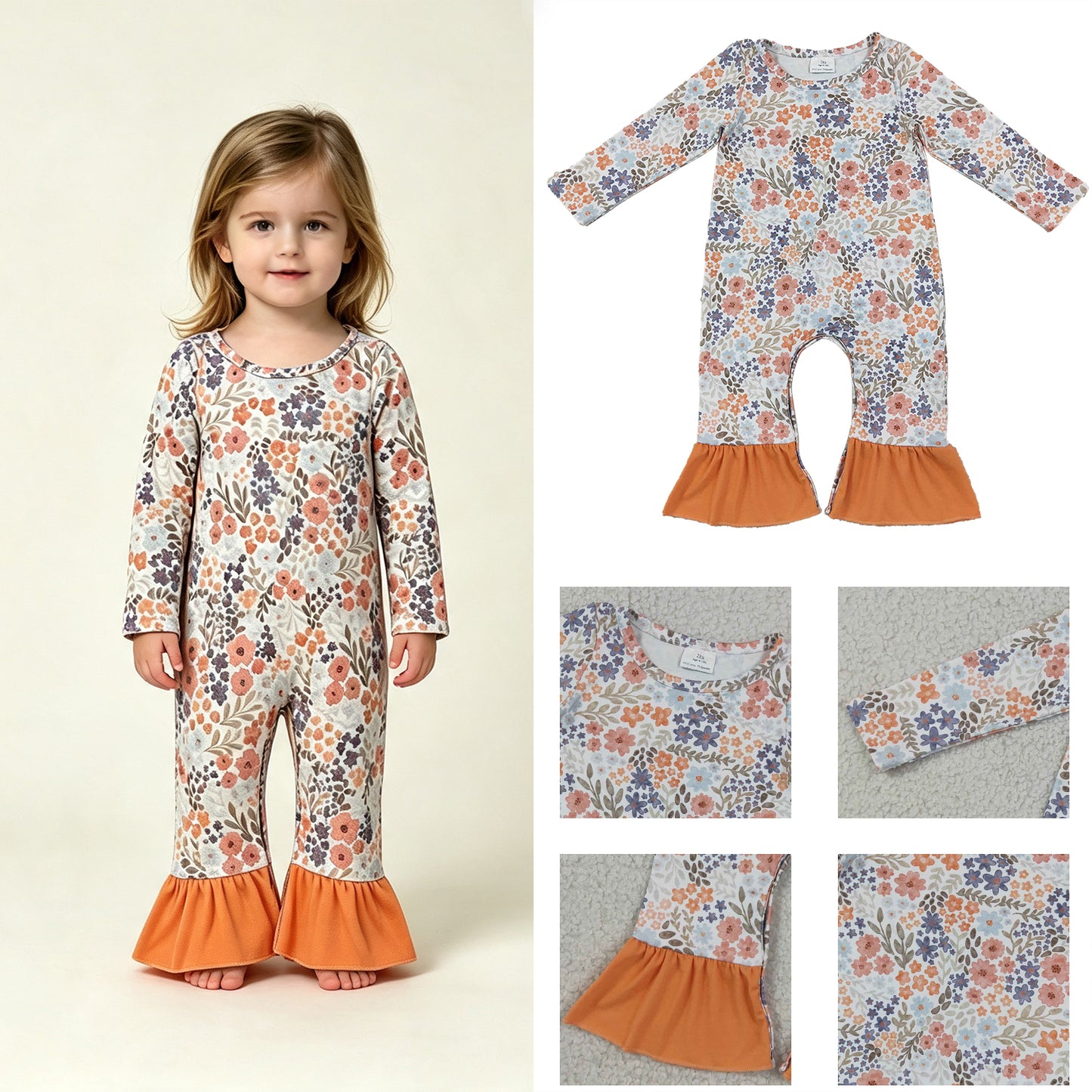 RTS No moq milk silk  LR3027 Baby Girls Long Sleeve Colorful Flowers Fall Ruffle Pant Rompers