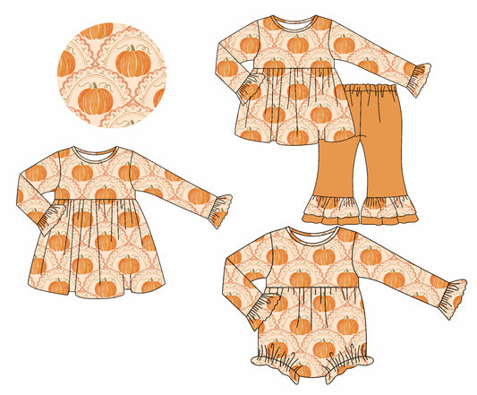 25.7.7 custom each style moq 5eta 4-6week Sibling Sisters pumpkin orange baby girl long sleeve pants sets and dress and rompers match family design